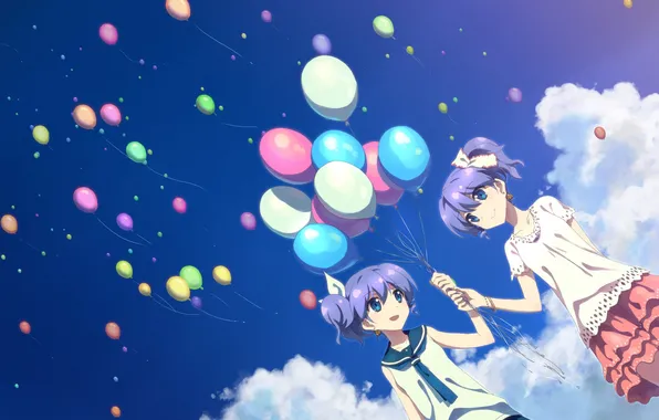 Картинка небо, облака, улыбка, девушки, аниме, арт, воздушные шарики, yuuki tatsuya