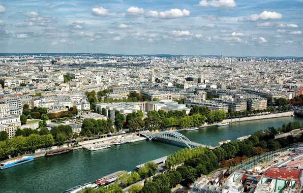 Картинка город, река, Франция, Париж, дома, мосты, теплоходы