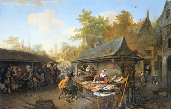 Картинка масло, картина, холст, Рыбный Рынок, 1683, Корнелис Дусарт, Cornelis Dusart