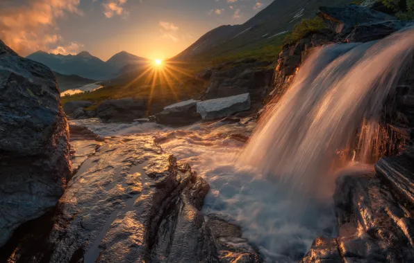 Горы, восход, рассвет, водопад, утро, Норвегия, Norway, Romsdalen Valley