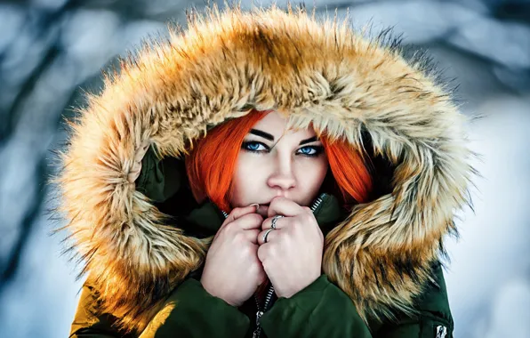 Куртка, капюшон, мех, рыжеволосая, Masha Fox