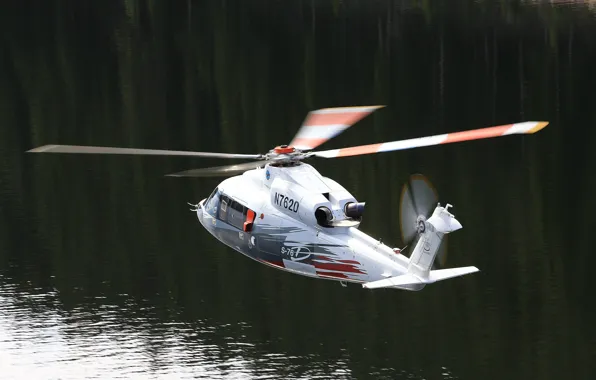 Картинка вода, полет, гладь, вертолет, Sikorsky, S-76D