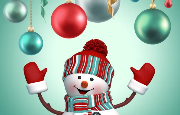 Шары, Новый Год, Рождество, снеговик, Christmas, New Year, cute, snowman