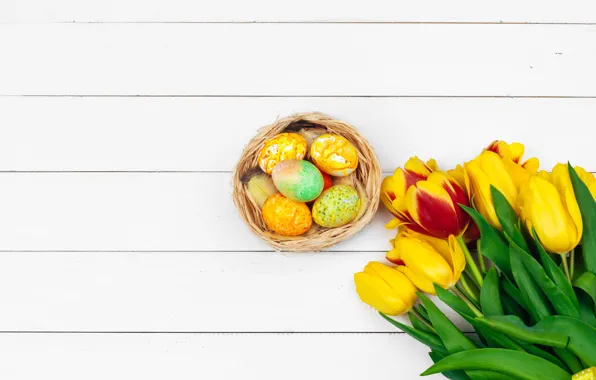 Цветы, яйца, весна, colorful, Пасха, тюльпаны, happy, yellow