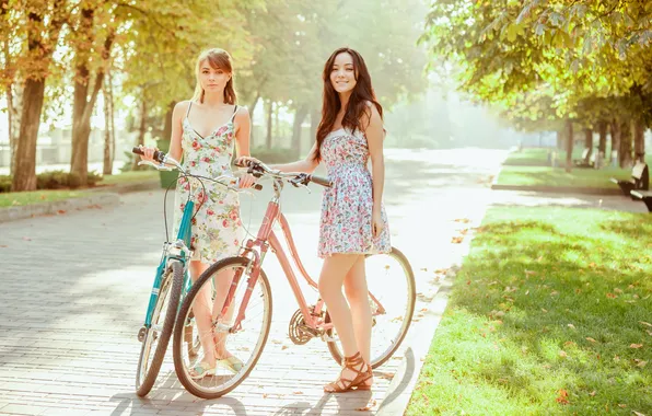 Girls, young, park, two, bicycles