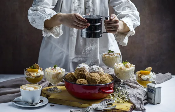 Девушка, шарики, цветы, стол, женщина, кофе, руки, кухня