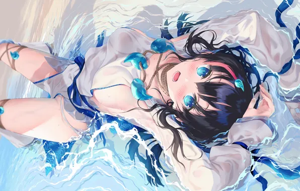 Girl, sexy, cleavage, beach, dress, sea, boobs, anime