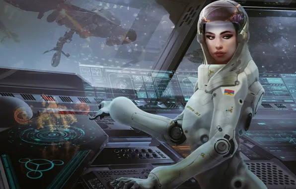 Девушка, космос, будущее, фантастика, интерфейс, рисунок, космонавт, скафандр