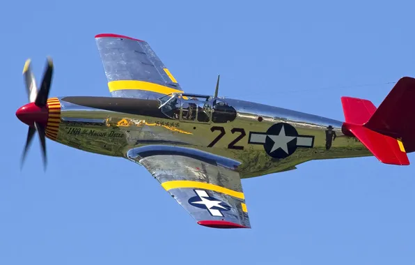 Картинка небо, полет, ретро, самолет, истребитель, пилот, P-51 Mustang
