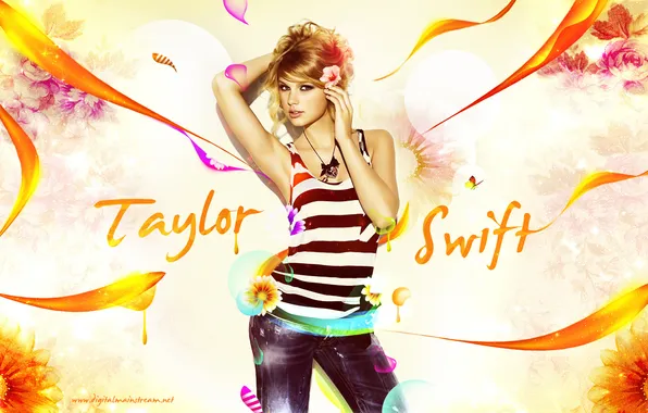 Картинка девушка, бабочки, цветы, графика, лепестки, певица, ярко, Taylor