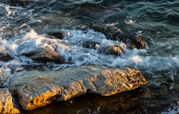 Пена, вода, брызги, камни, берег, волна, прибой