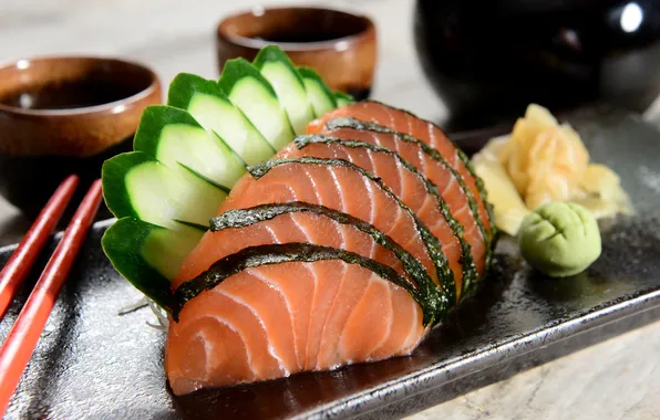 Зелень, водоросли, рыба, огурец, fish, японская кухня, оформление, cucumber