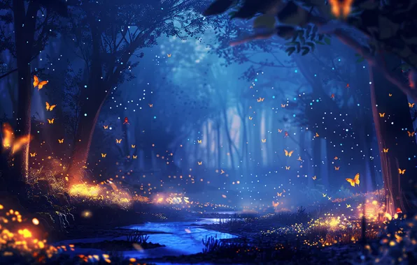 Картинка Природа, Красота, Nature, Night, Fairies, Butterfly, Magical forest