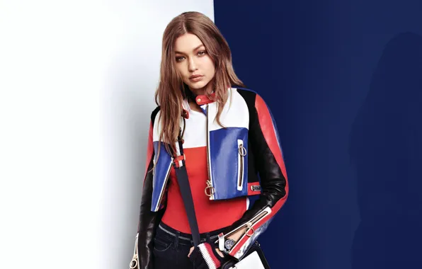 Взгляд, девушка, модель, куртка, Gigi Hadid, Tommy Hilfiger