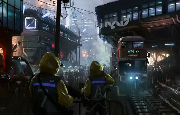 Картинка ночь, город, будущее, люди, дождь, здания, автобус