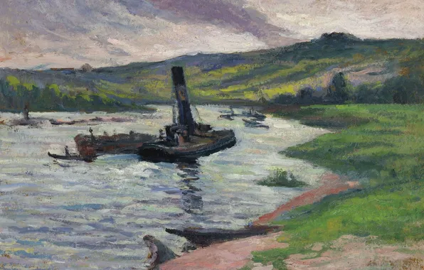 Пейзаж, картина, Буксир на Сене, Максимильен Люс, Maximilien Luce