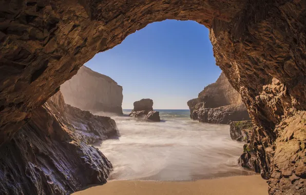 Пляж, океан, скалы, пещера, california, beach, coast, santa cruz