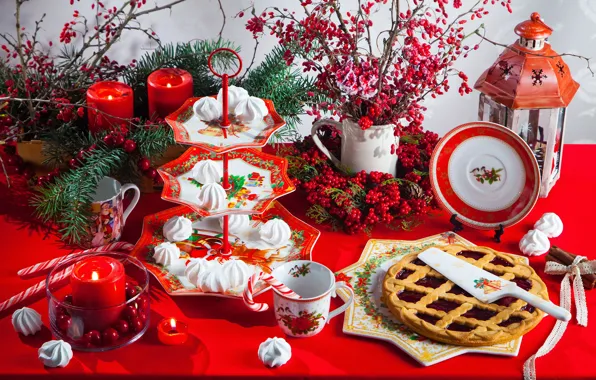 Ягоды, свечи, Рождество, пирог, фонарь, чашка, выпечка, сладкое