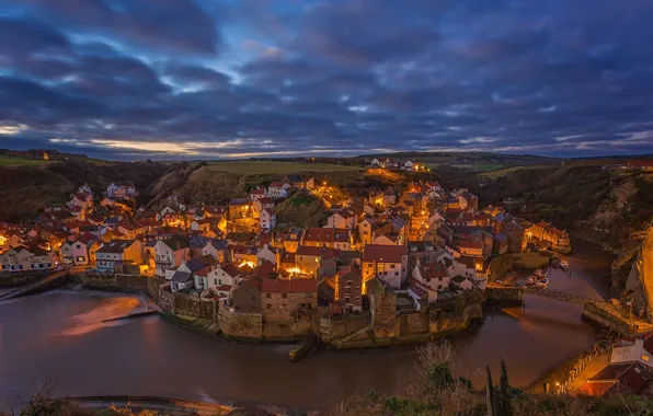 Картинка река, Англия, здания, дома, деревня, панорама, городок, England