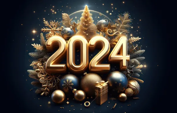 Цифры, Новый год, golden, decoration, numbers, New year, 2024