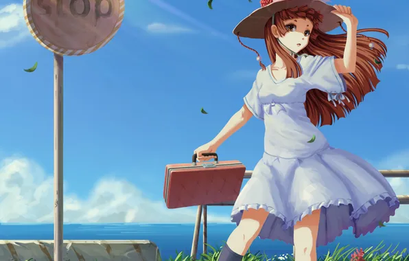 Картинка море, взгляд, девушка, шляпа, чемодан, art, chongwuxin, знак stop