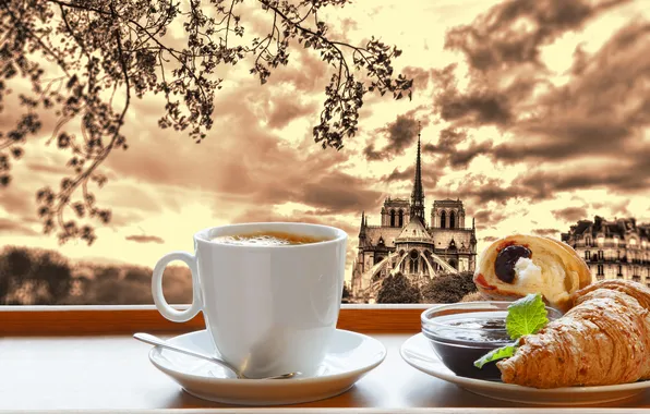 Картинка Париж, кофе, завтрак, Paris, cathedral, France, Notre Dame, cup