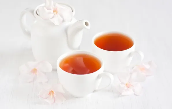 Картинка цветы, чай, чайник, flowers, tea, cups, kettle, чашечки