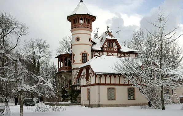 Картинка зима, машина, снег, деревья, замок, Castle
