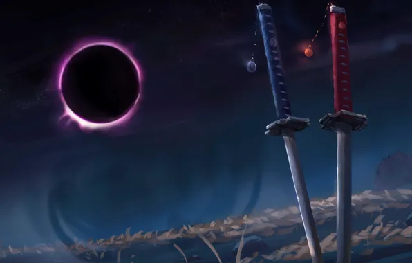 Moon, fantasy, weapon, eclipse, night, katana, artist, digital art