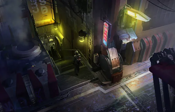Ночь, Город, Будущее, Неон, Человек, Фантастика, Concept Art, Переулок