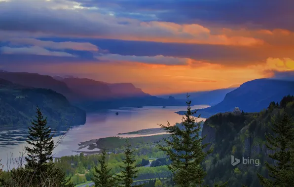 Картинка деревья, горы, природа, Орегон, зарево, США, река Колумбия, Краун-Пойнт