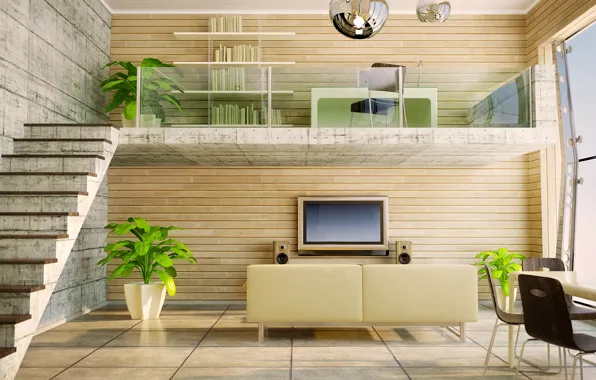 Стол, диван, растения, светлый, телевизор, окно, лестница