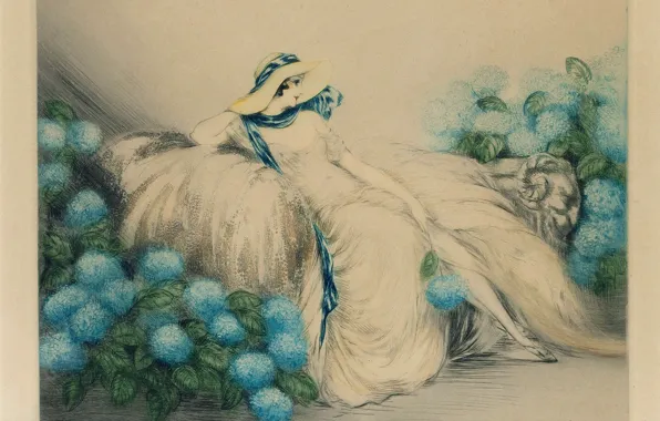 1933, Louis Icart, Дама с голубыми цветами