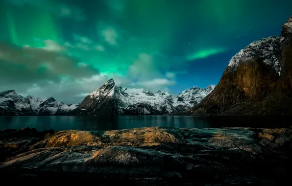Картинка горы, ночь, северное сияние, Норвегия