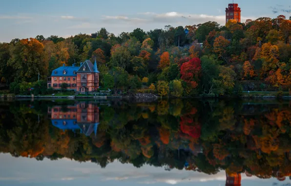 Картинка осень, лес, небо, вода, деревья, дом, отражение, река