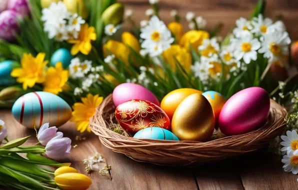 Картинка цветы, яйца, весна, colorful, Пасха, happy, flowers, spring