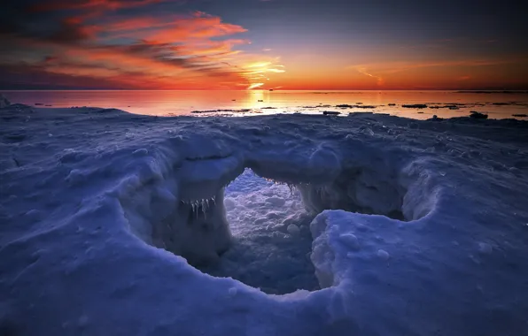 Картинка лед, зима, закат, озеро, Canada, Ontario, Algoma