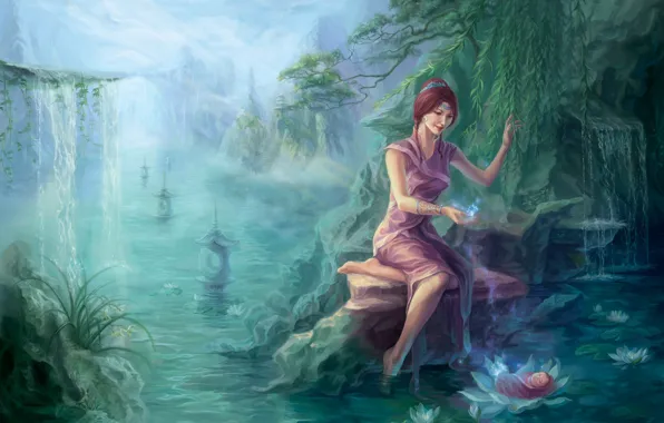 Картинка лес, вода, девушка, река, скалы, магия, азия, водопад