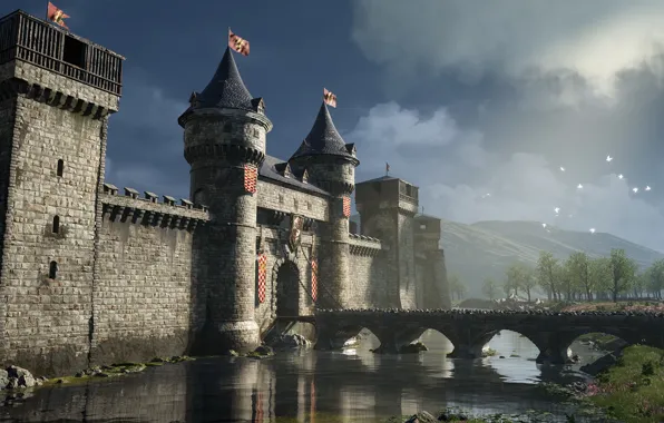 Птицы, мост, крепость, ров, Castle on the river