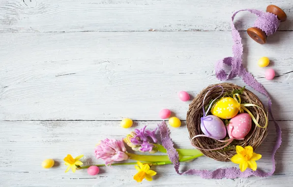 Картинка праздник, Пасха, wood, flowers, декор, Easter, eggs, candy