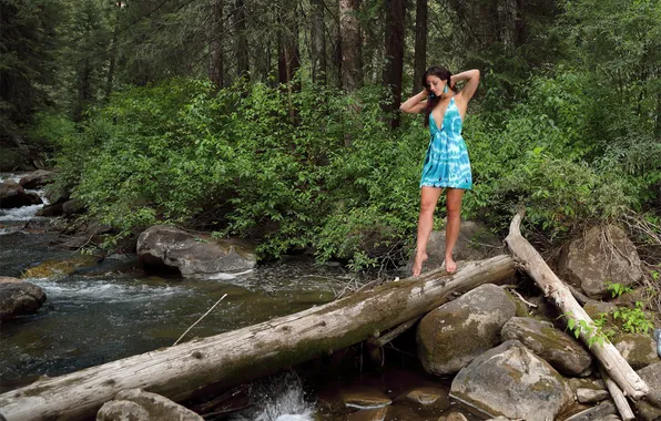 Forest, long hair, trees, nature, rocks, model, brunette, countryside