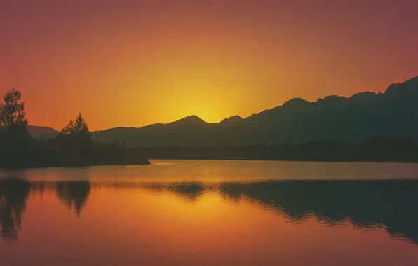 Twilight, sunset, lake, hills, dusk, orange sky, silhouettes