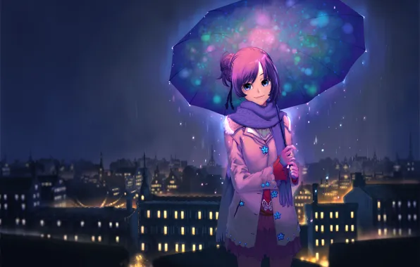 Ночь, город, зонтик, пасмурно, Umbrella