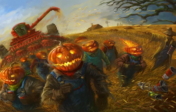 Картинка пшеница, поле, урожай, арт, рабочие, тыквы, Halloween, Хэллоуин