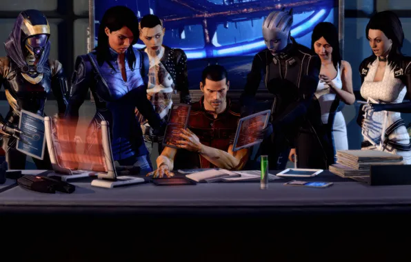 Картинка стол, работа, коллаж, арт, Эшли, Mass Effect 3, Лиара, Джек