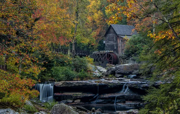 Картинка осень, лес, деревья, дом, ручей, скалы, колесо, водяная мельница