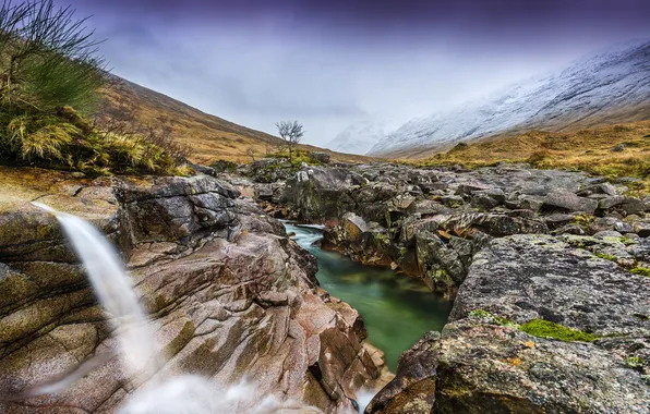 Картинка трава, горы, ручей, камни, водопад, долина, Великобритания, Yorkshire