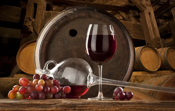 Картинка вино, красное, виноград, бочки, wine, grape