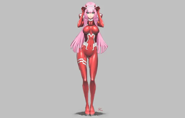Девушка, серый, фон, красный костюм, 002, Darling In The Frankxx, Милый во Франксе