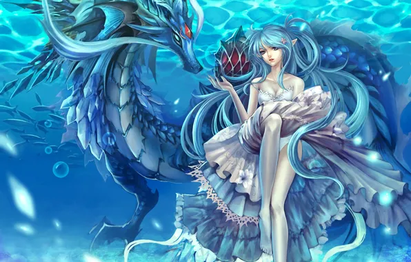 Картинка девушка, рыбы, пузыри, дракон, эльф, платье, под водой